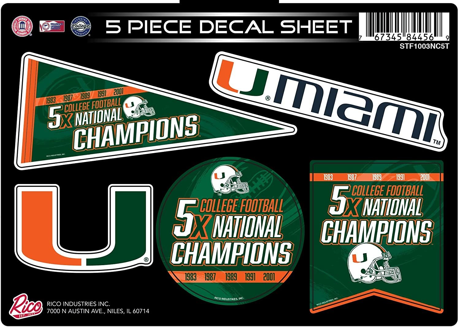 Miami Hurricanes 5X Time Champions 5 Piece Multi Decal Sticker Sheet Flat Vinyl Emblem University of