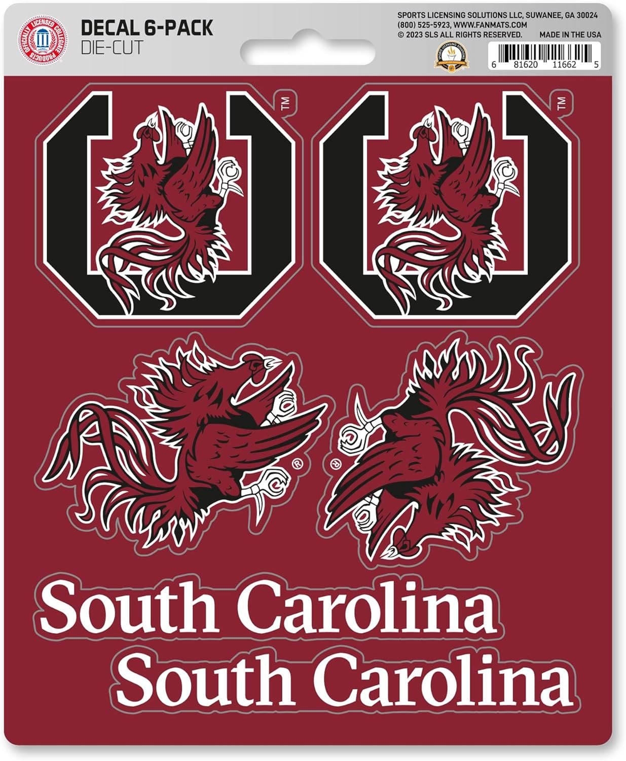 University of South Carolina Gamecocks 6-Piece Decal Sticker Set, 5x6 Inch Sheet, Gift for football fans for any hard surfaces around home, automotive, personal items