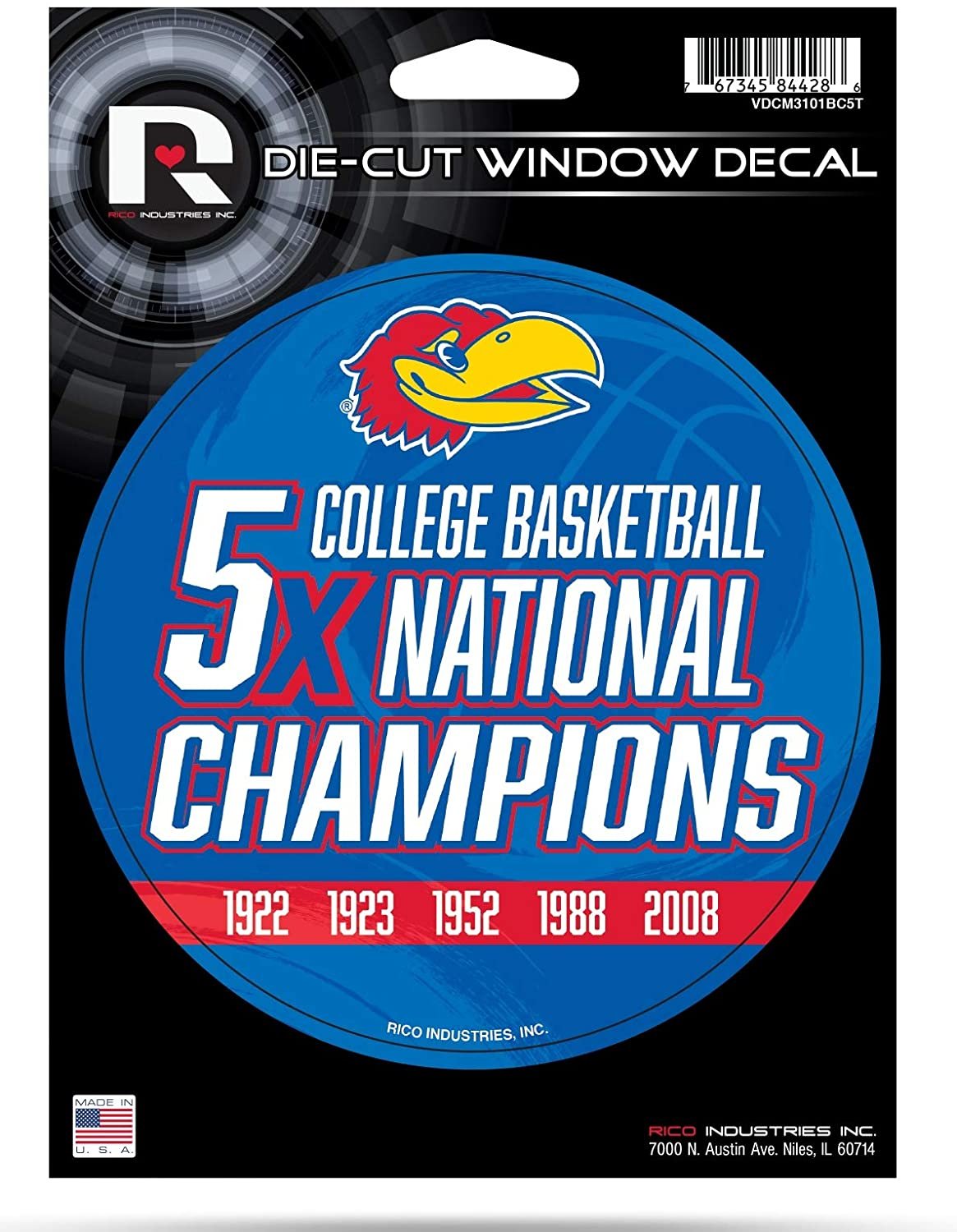 Kansas Jayhawks 5" Decal Sticker 5X Time Champions Flat Vinyl Auto Emblem College Basketball University of