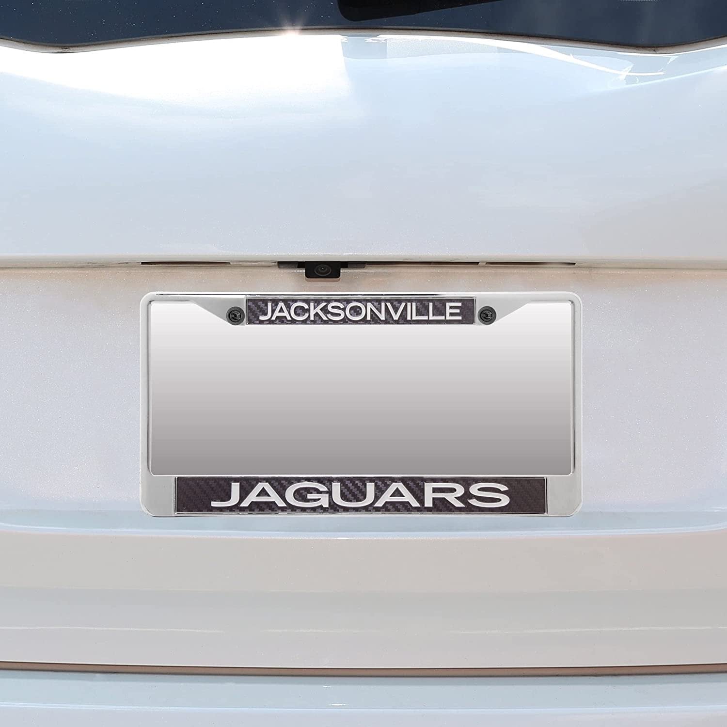 Jacksonville Jaguars Chrome Metal License Plate Frame Tag Cover, Carbon Fiber Laser Inserts, 6x12 Inch