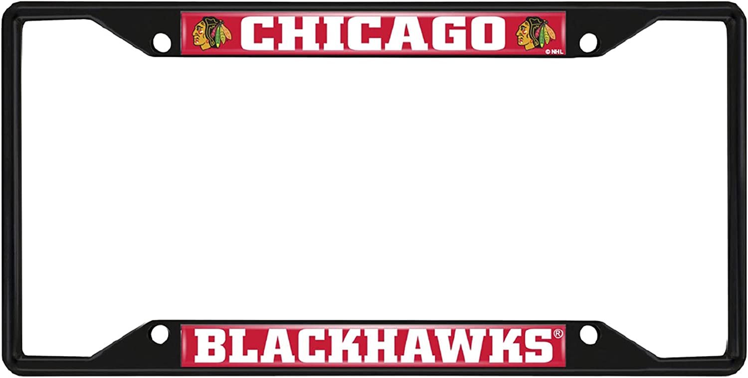 Chicago Blackhawks Black Metal License Plate Frame Tag Cover, 6x12 Inch