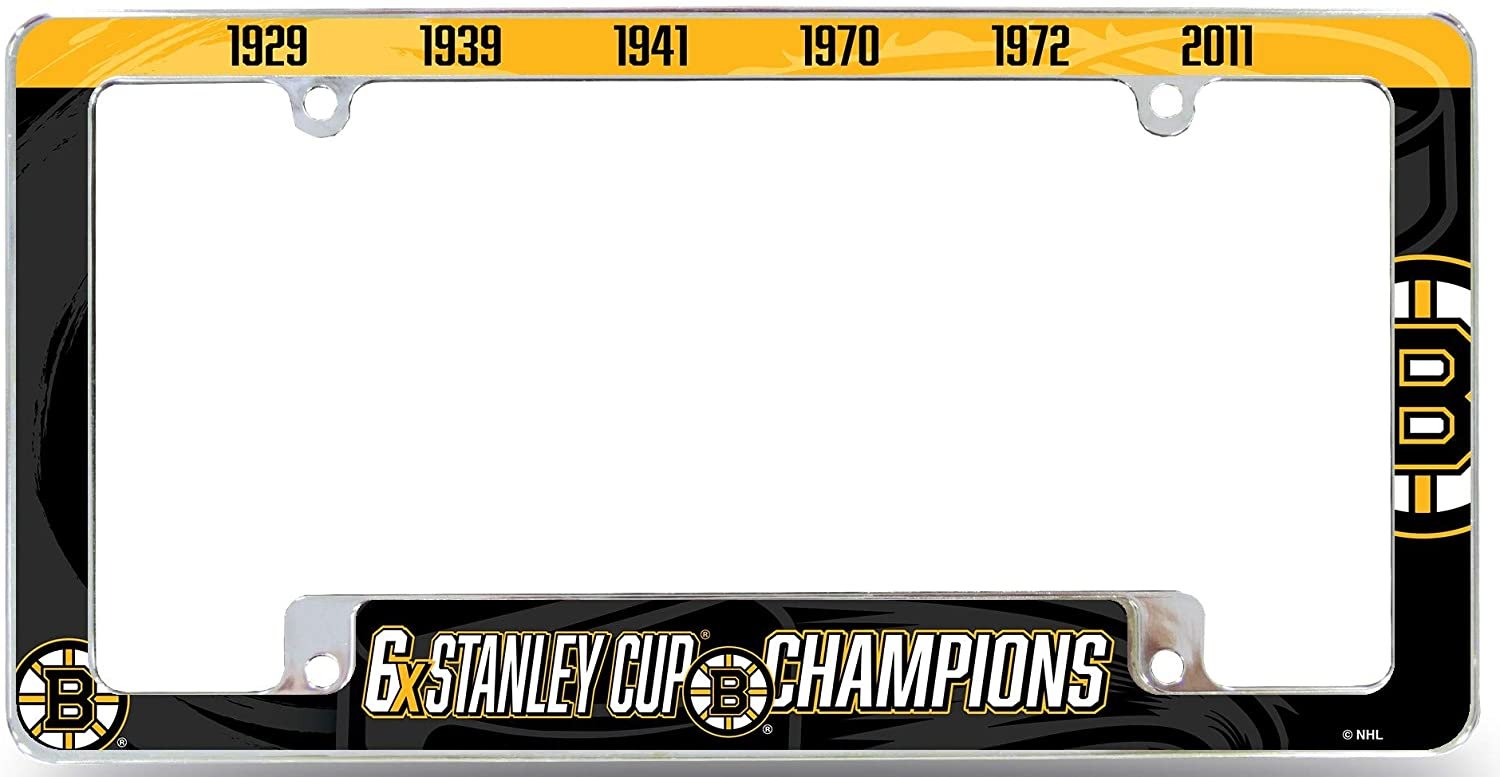 Boston Bruins 6X Time Champions Metal License Plate Frame Chrome Tag Cover, All Over Design, 6x12 Inch