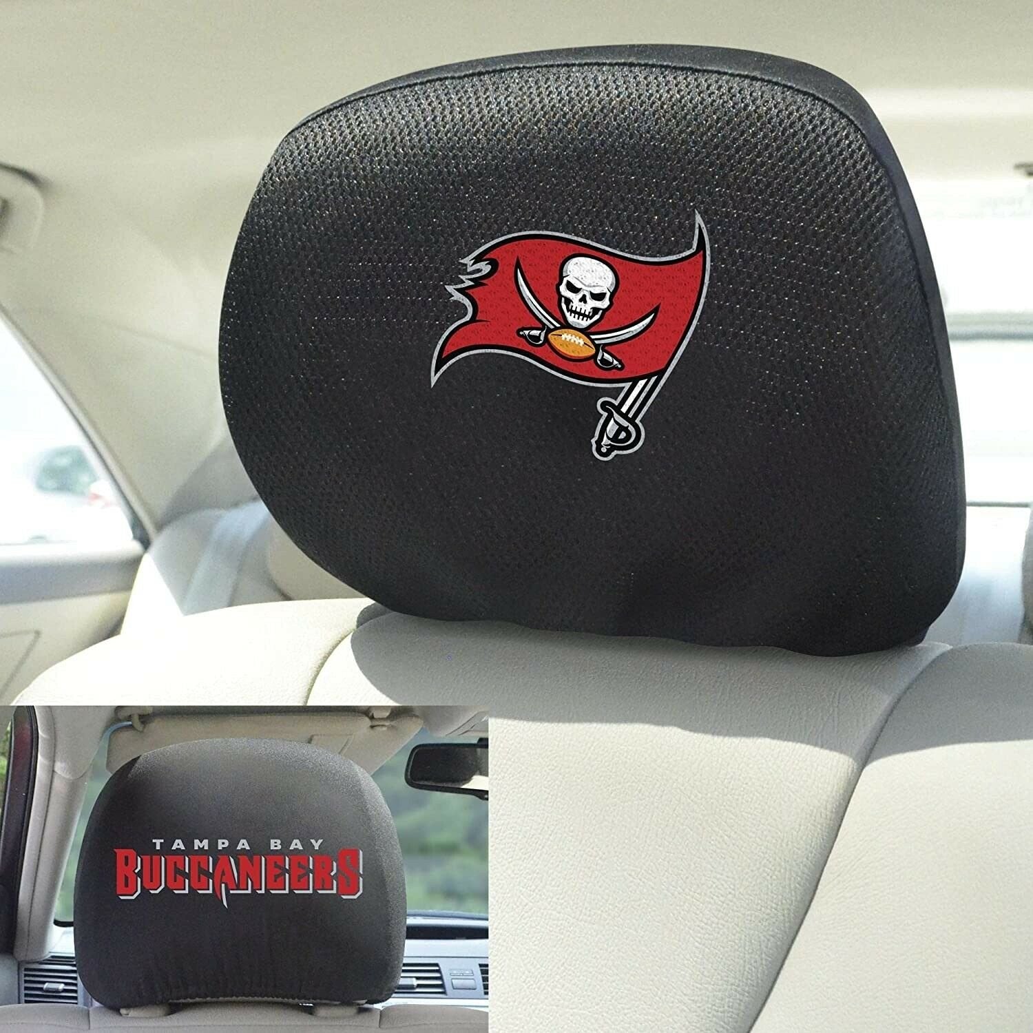 Tampa Bay Buccaneers Pair of Premium Auto Head Rest Covers, Embroidered, Black Elastic, 14x10 Inch