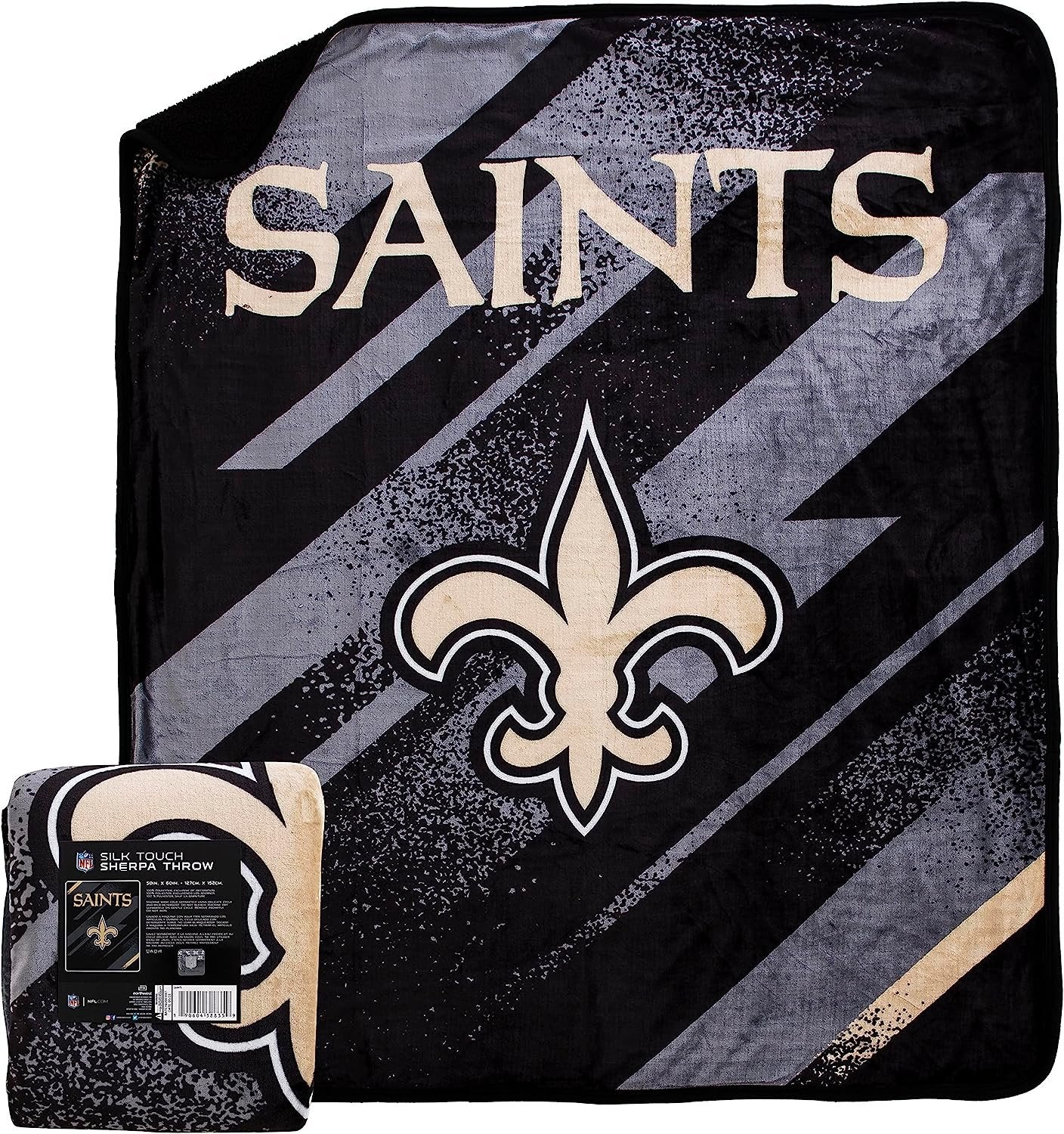 New Orleans Saints Throw Blanket, Sherpa Raschel Polyester, Silk Touch Style, Velocity Design, 50x60 Inch