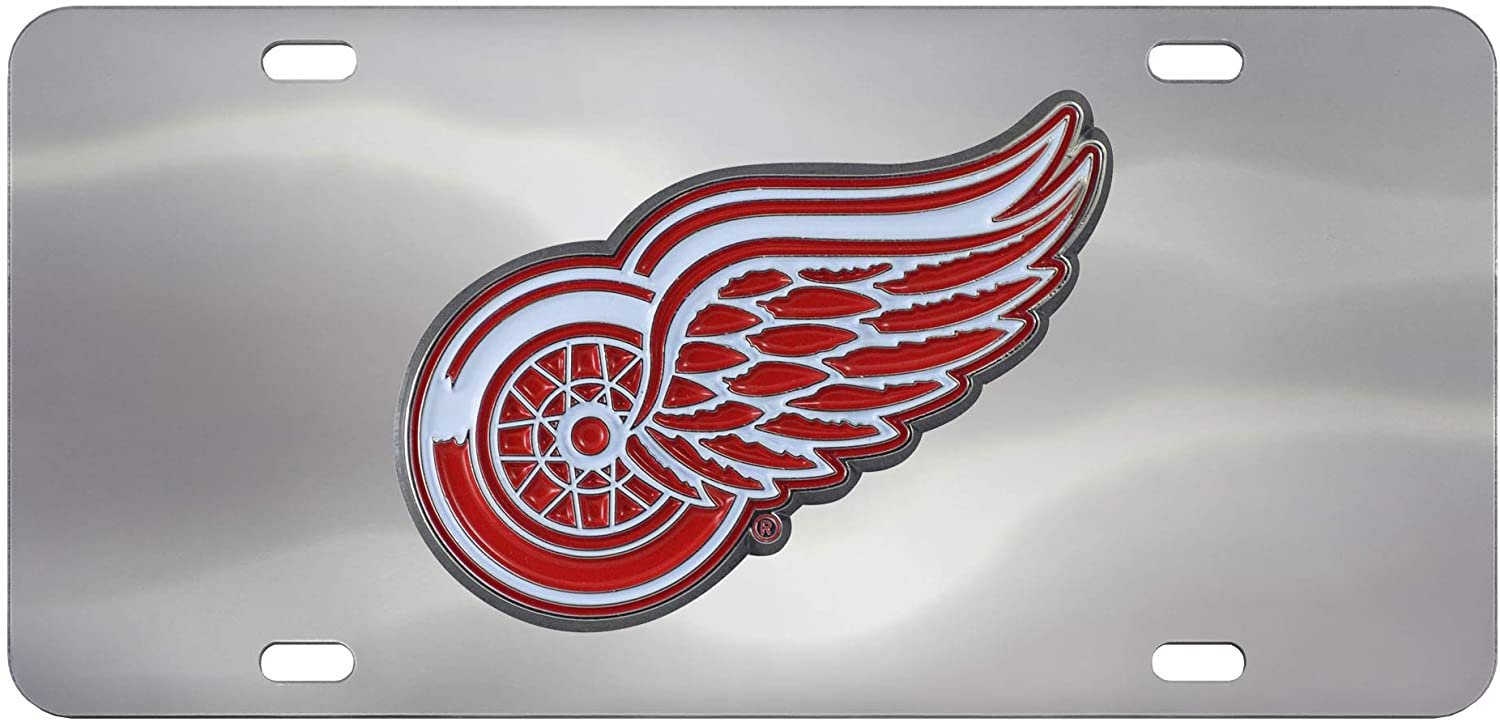Detroit Red Wings License Plate Tag, Premium Stainless Steel Diecast, Chrome, Raised Solid Metal Color Emblem, 6x12 Inch