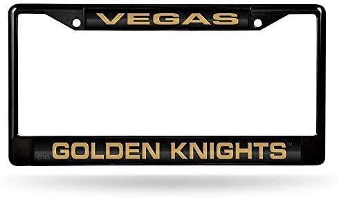 Vegas Golden Knights Black Metal License Plate Frame Tag Cover, Laser Acrylic Mirrored Inserts, 12x6 Inch