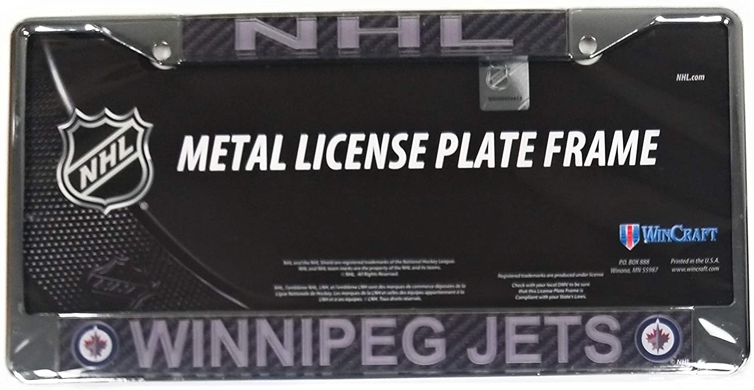 Winnipeg Jets Metal License Plate Frame Tag Cover, Laser Mirrored Carbon Fiber Design Inserts, 12x6 Inch