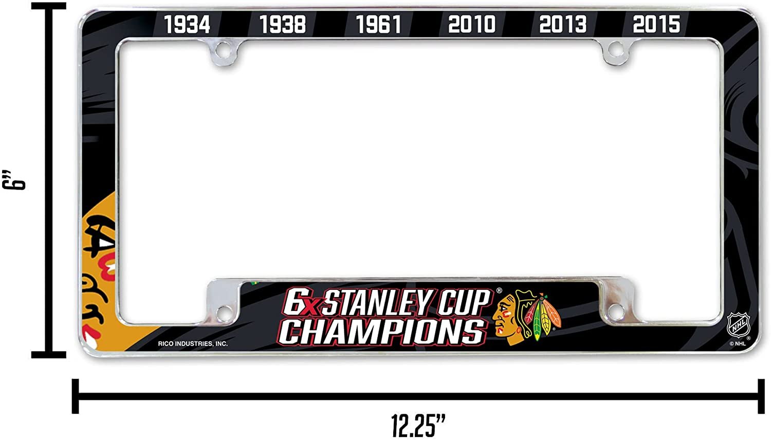 Chicago Blackhawks 6X Champions 6-Time Metal License Plate Frame Chrome Tag Cover 6x12 Inch