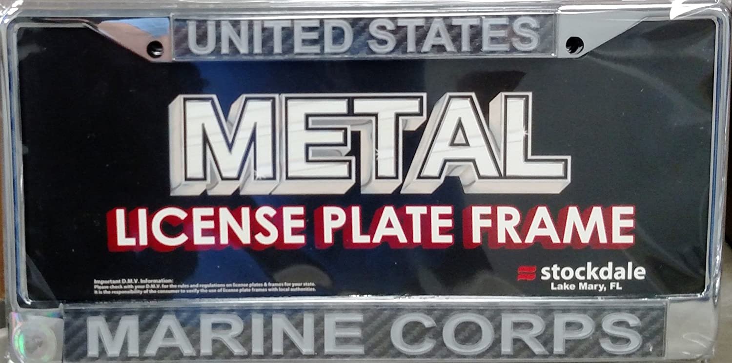 Military Marines Chrome Metal License Plate Frame Tag Cover, Laser Mirrored Inserts, Carbon Fiber Design, 12x6 Inch