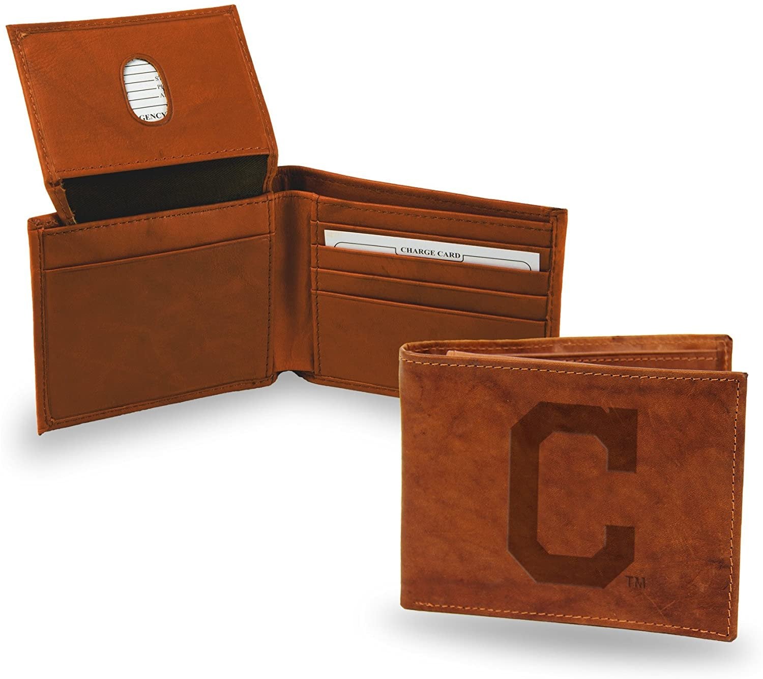 Cleveland Indians Premium Brown Leather Wallet, Bifold Billfold, Embossed Laser Engraved
