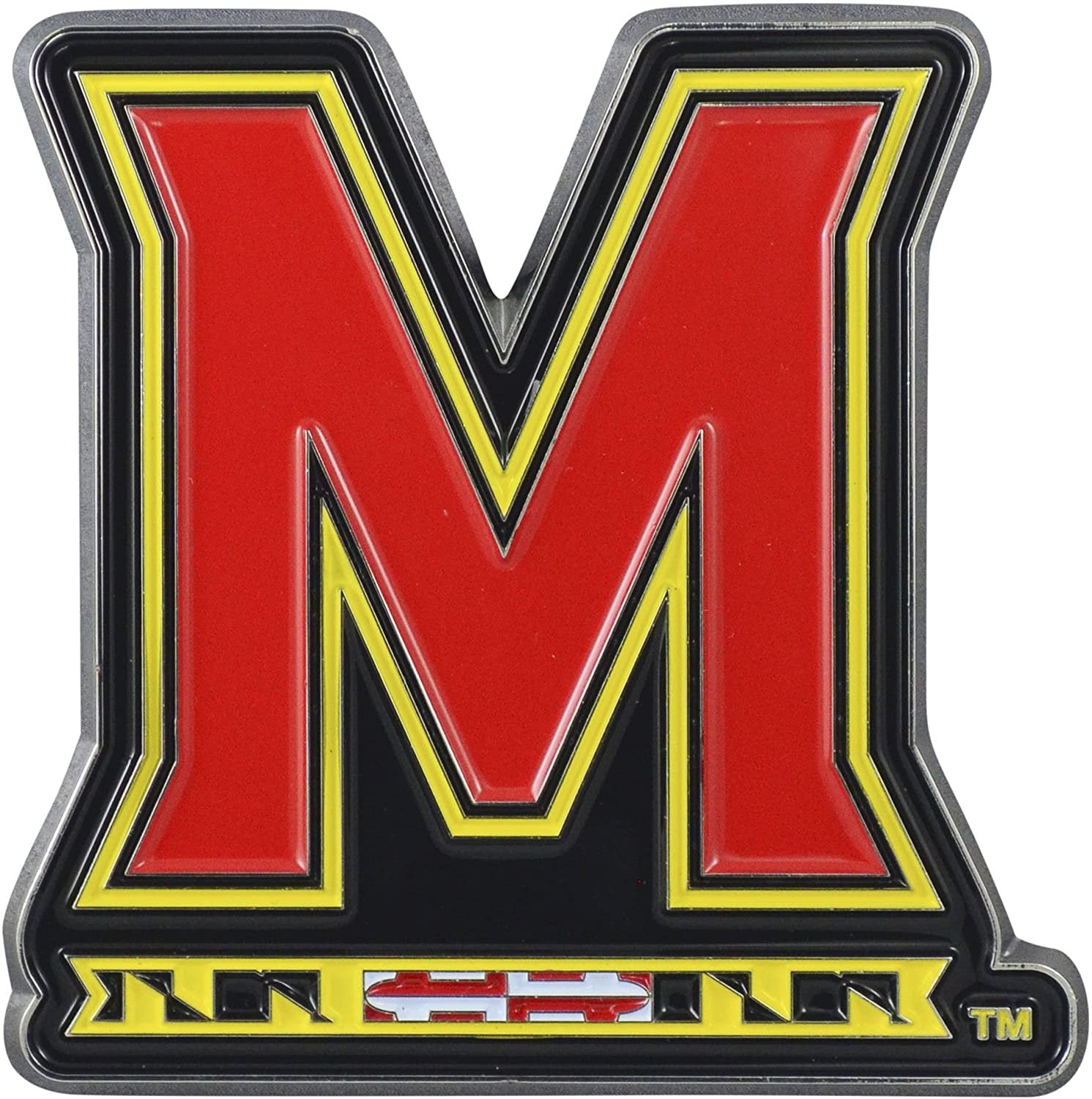 University of Maryland Terrapins Premium Solid Metal Raised Auto Emblem, Team Color, Shape Cut, Adhesive Backing