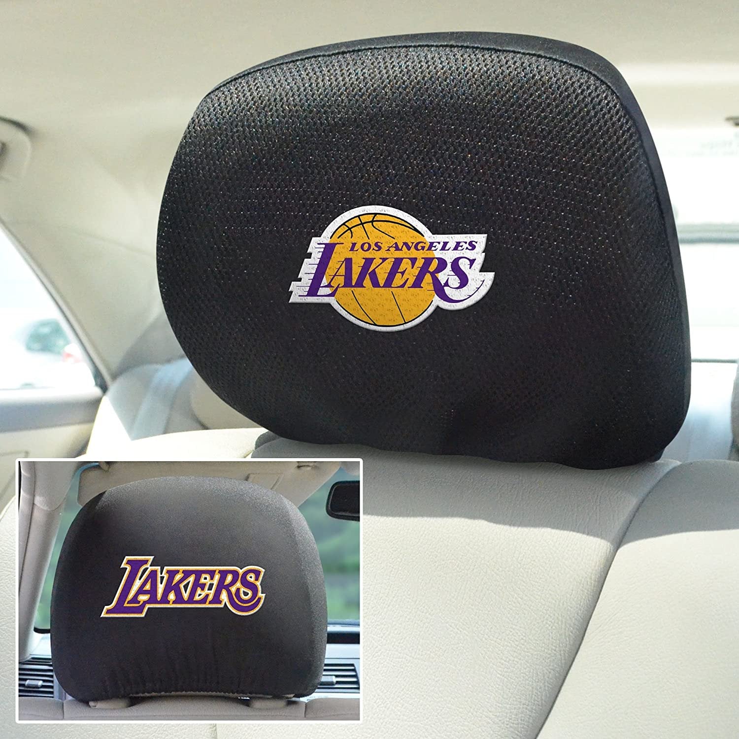 Los Angeles Lakers Pair of Premium Auto Head Rest Covers, Embroidered, Black Elastic, 14x10 Inch