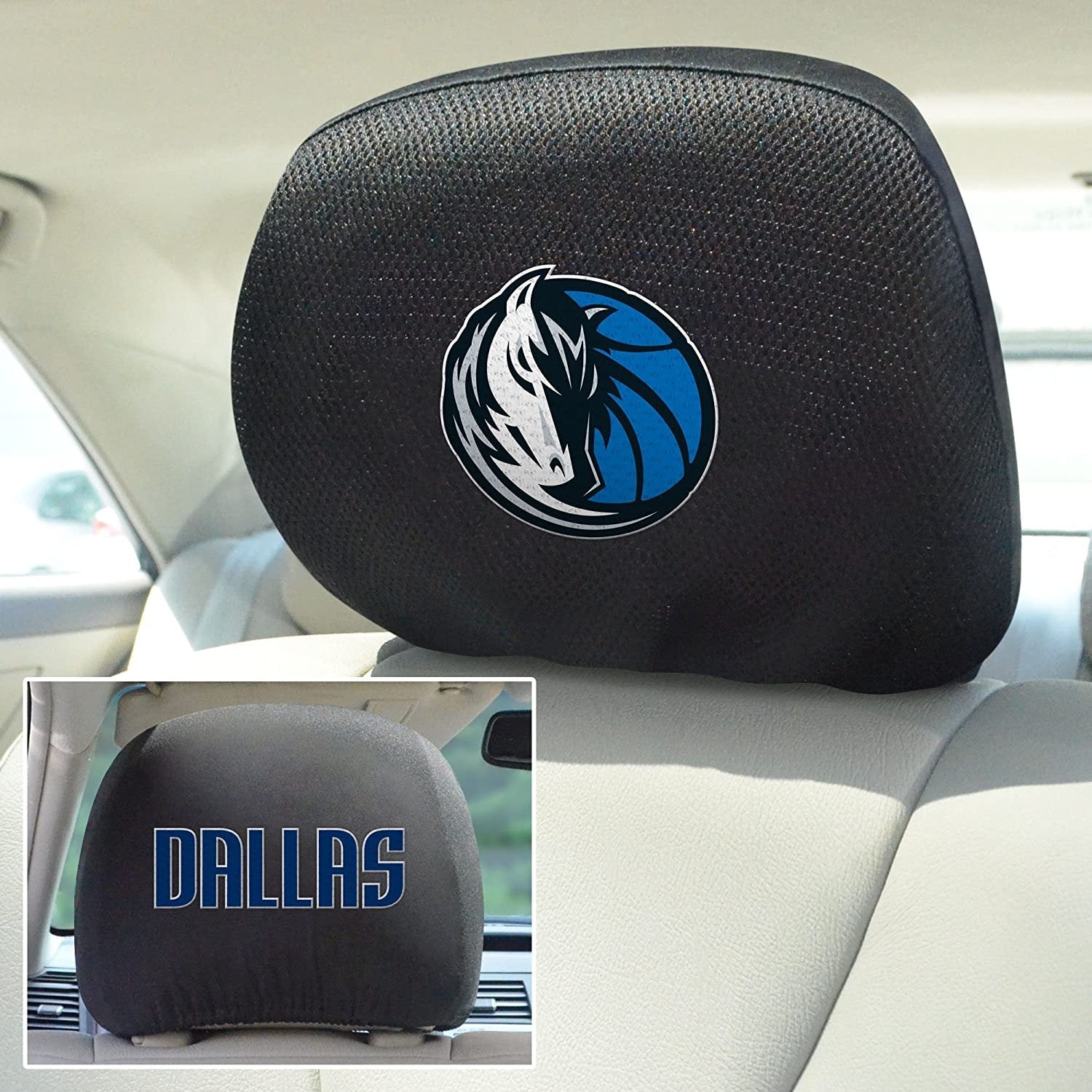 Dallas Mavericks Pair of Premium Auto Head Rest Covers, Embroidered, Black Elastic, 14x10 Inch