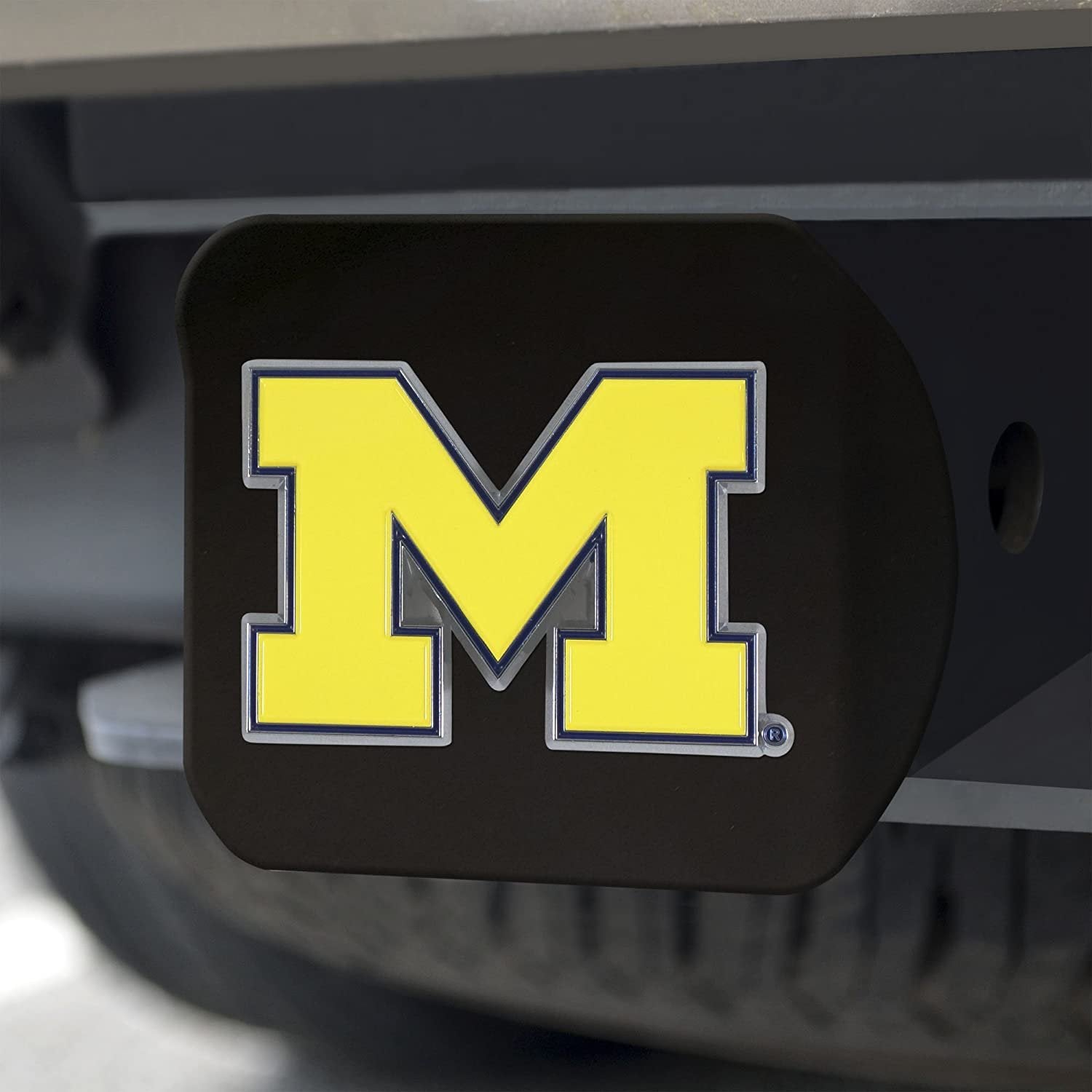 Michigan Wolverines Solid Metal Black Hitch Cover with Color Metal Emblem 2 Inch Square Type III University of
