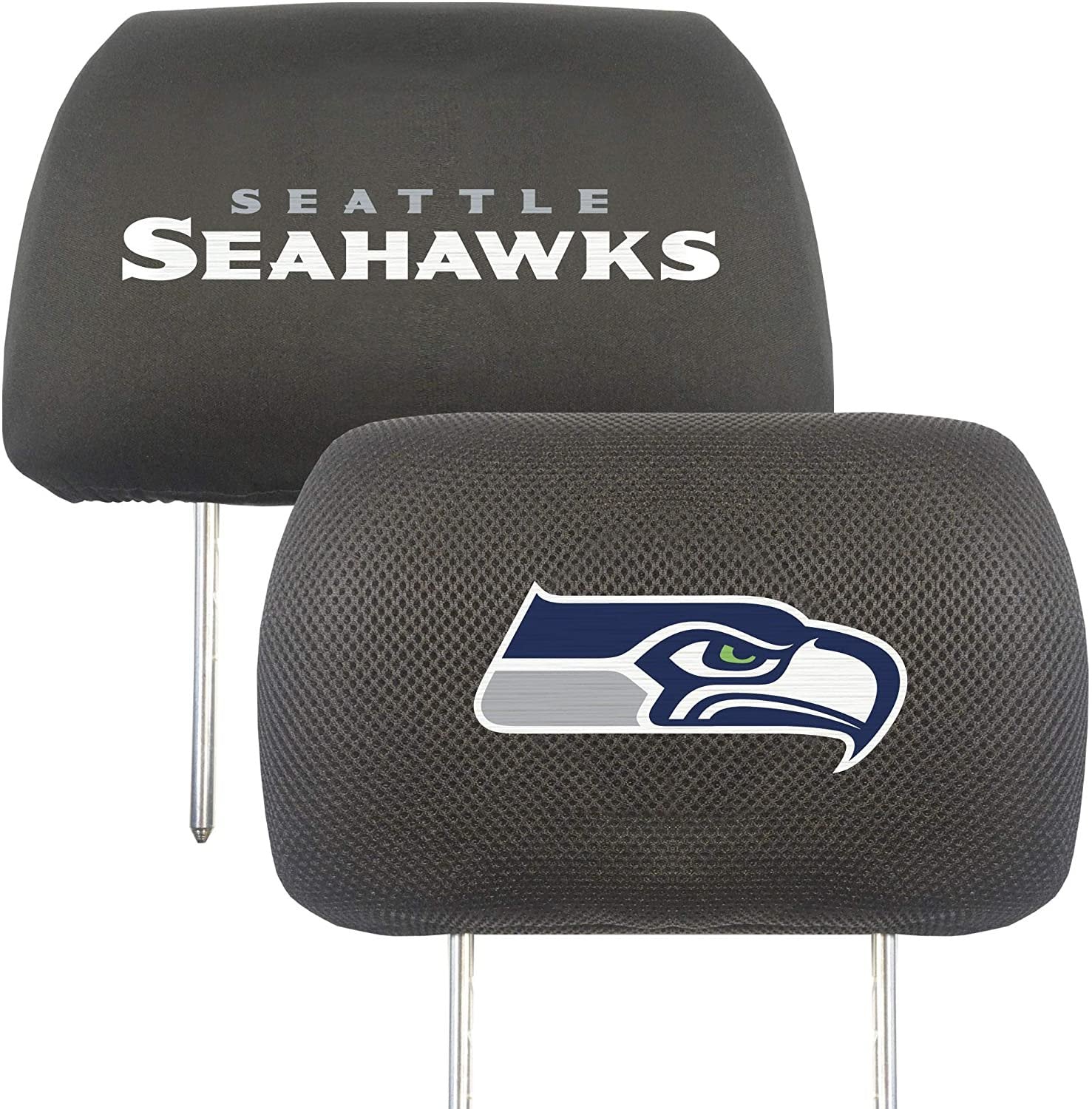 Seattle Seahawks Pair of Premium Auto Head Rest Covers, Embroidered, Black Elastic, 14x10 Inch