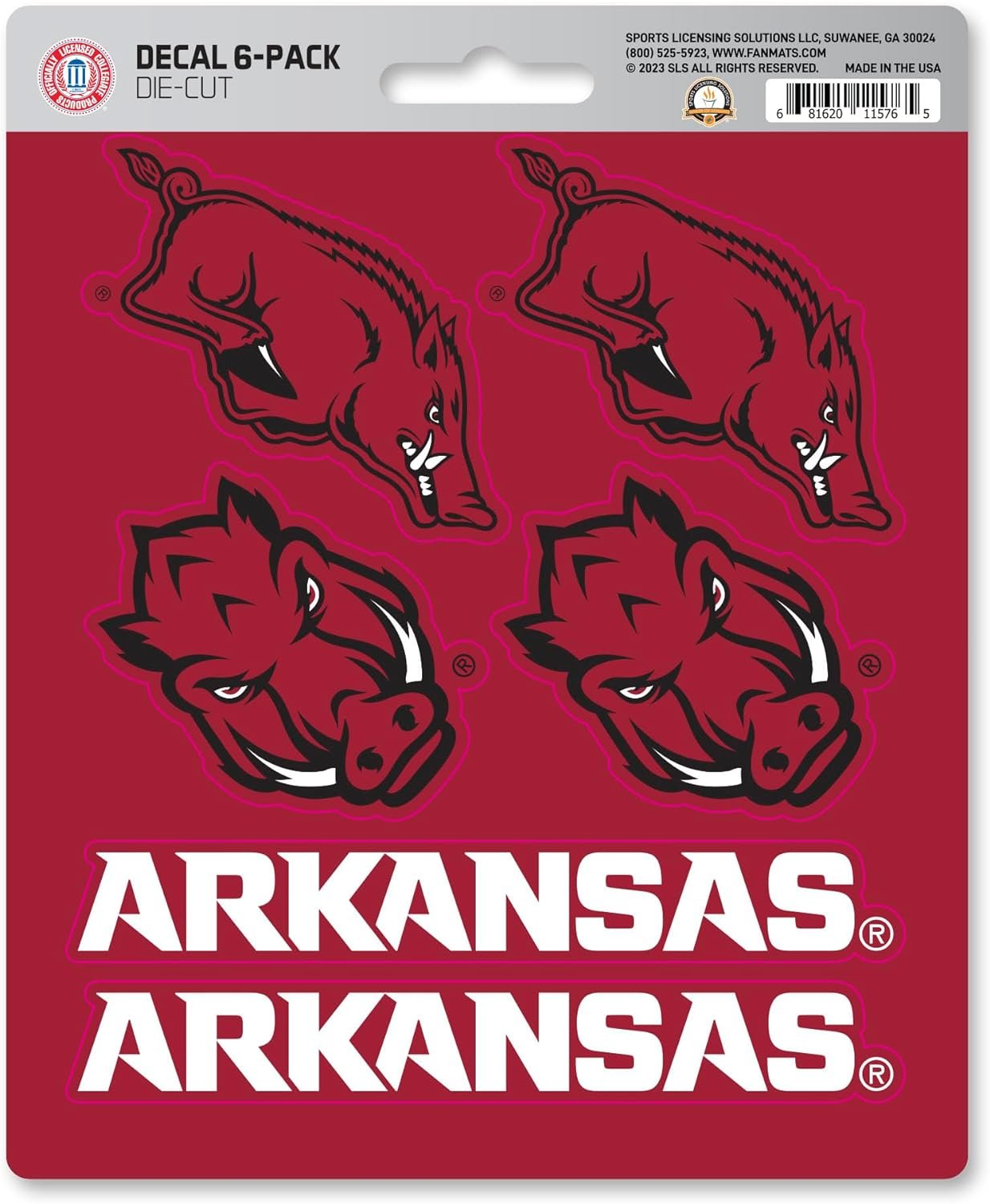 University of Arkansas Razorbacks 6-Piece Decal Sticker Set, 5x6 Inch Sheet, Gift for football fans for any hard surfaces around home, automotive, personal items
