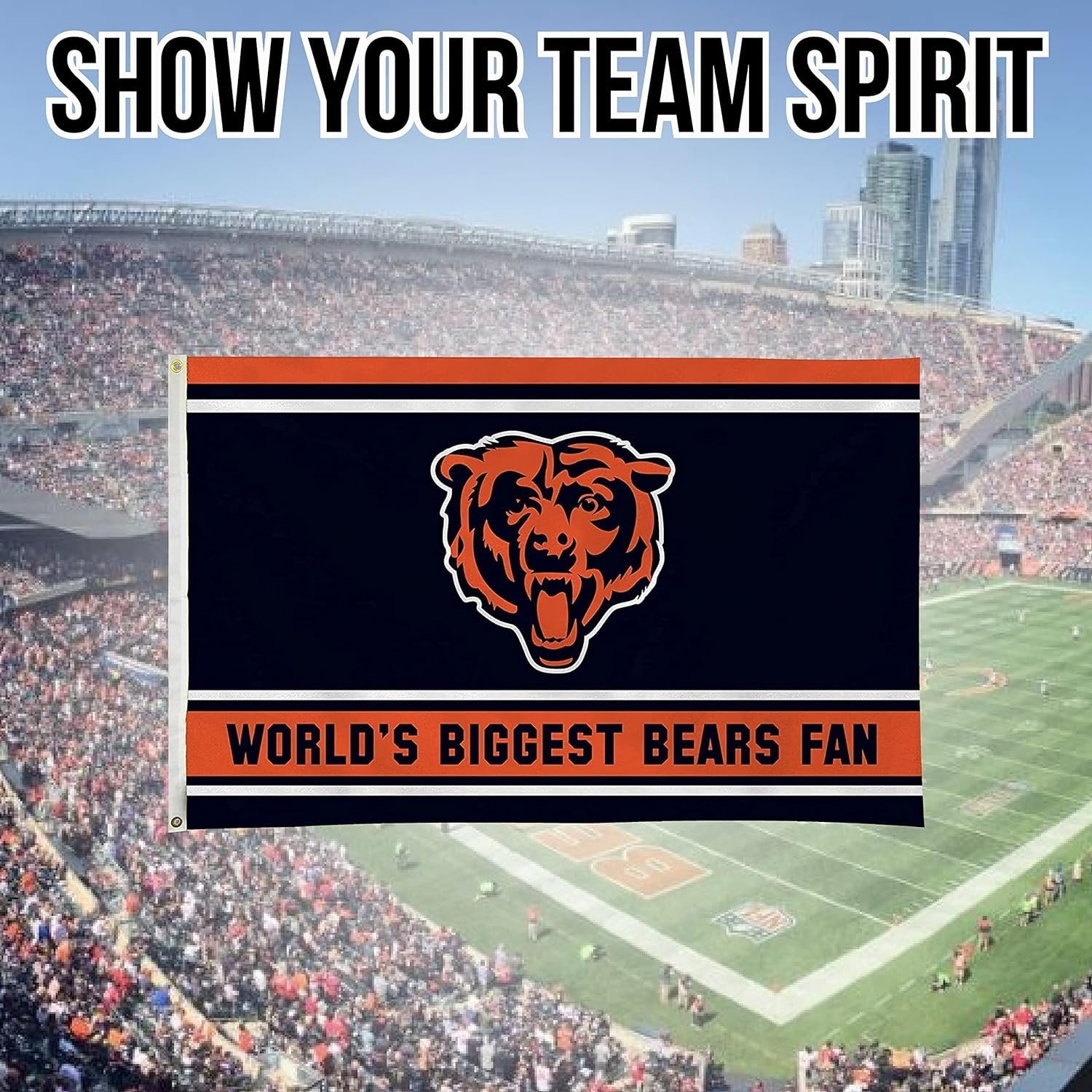 Chicago Bears 3x5 Feet Flag Banner, World's Biggest Fan, Metal Grommets, Single Sided, Indoor or Outdoor Use