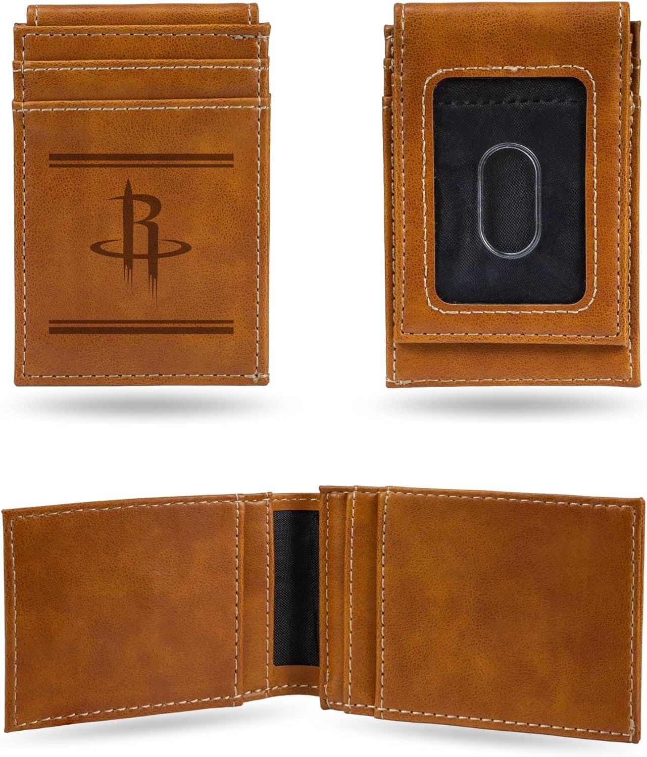 Houston Rockets Premium Brown Leather Wallet, Front Pocket Magnetic Money Clip, Laser Engraved, Vegan