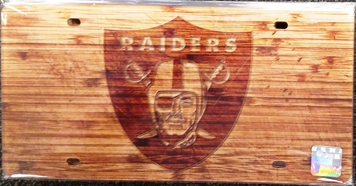 Las Vegas Raiders Premium Laser Cut Tag License Plate, Woodgrain Style, Mirrored Acrylic Inlaid, 12x6 Inch