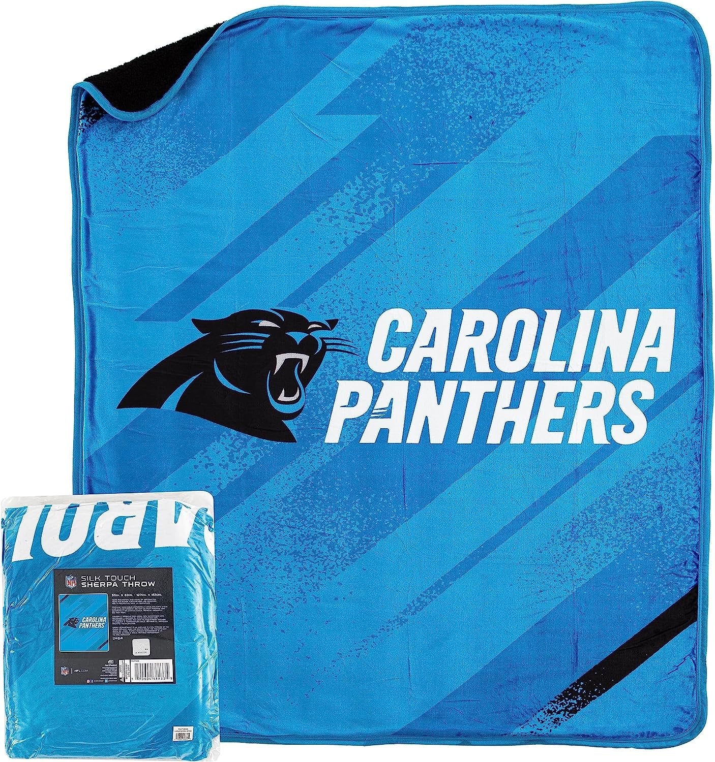 Carolina Panthers Throw Blanket, Sherpa Raschel Polyester, Silk Touch Style, Velocity Design, 50x60 Inch