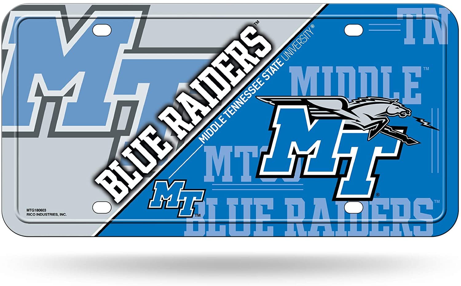 Middle Tennessee State University Blue Raiders Metal Auto Tag License Plate, Split Design, 6x12 Inch