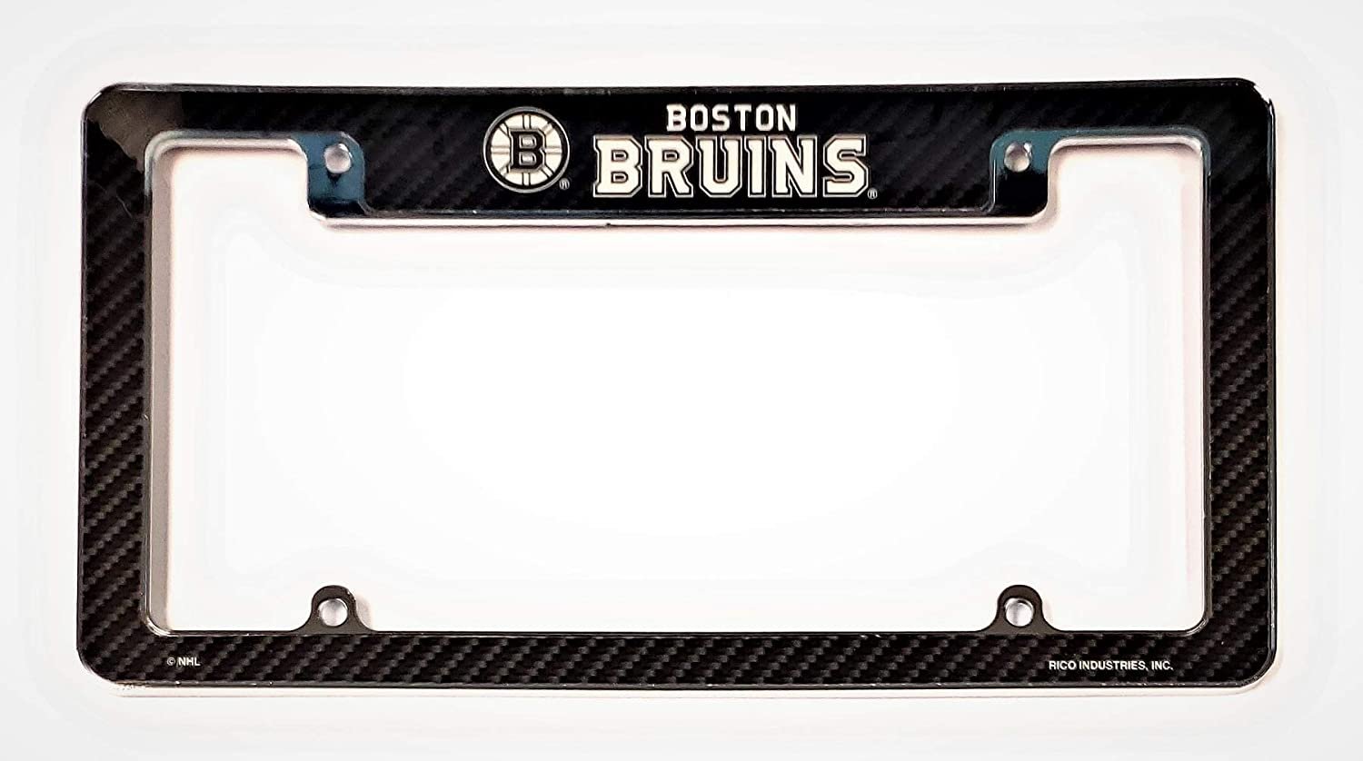 Boston Bruins Metal License Plate Frame Tag Cover, Carbon Fiber Design, EZ View Style, Heavy Duty, 12x6 Inch