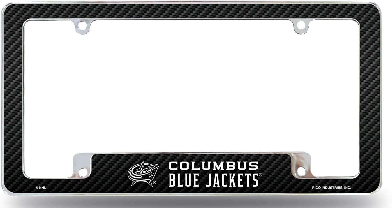 Columbus Blue Jackets Metal License Plate Frame EZ View Carbon Fiber Design All Over Style Heavy Gauge Chrome Tag Cover Hockey