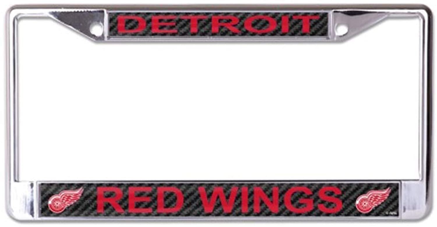 Detroit Red Wings Chrome Metal License Plate Frame Tag Cover, Laser Mirrored Inserts, Carbon Fiber Design, 12x6 Inch