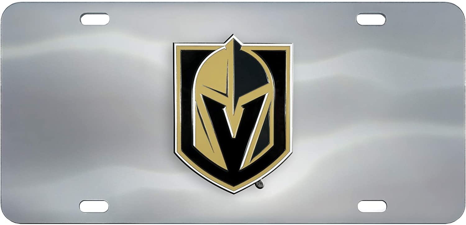 Vegas Golden Knights License Plate Tag, Premium Stainless Steel Diecast, Chrome, Raised Solid Metal Color Emblem, 6x12 Inch