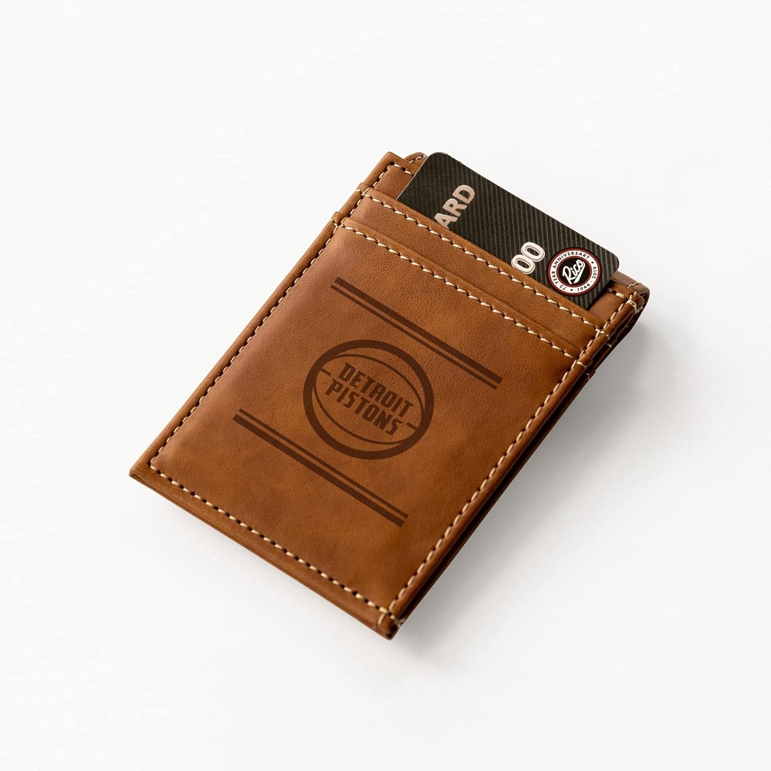 Detroit Pistons Premium Brown Leather Wallet, Front Pocket Magnetic Money Clip, Laser Engraved, Vegan