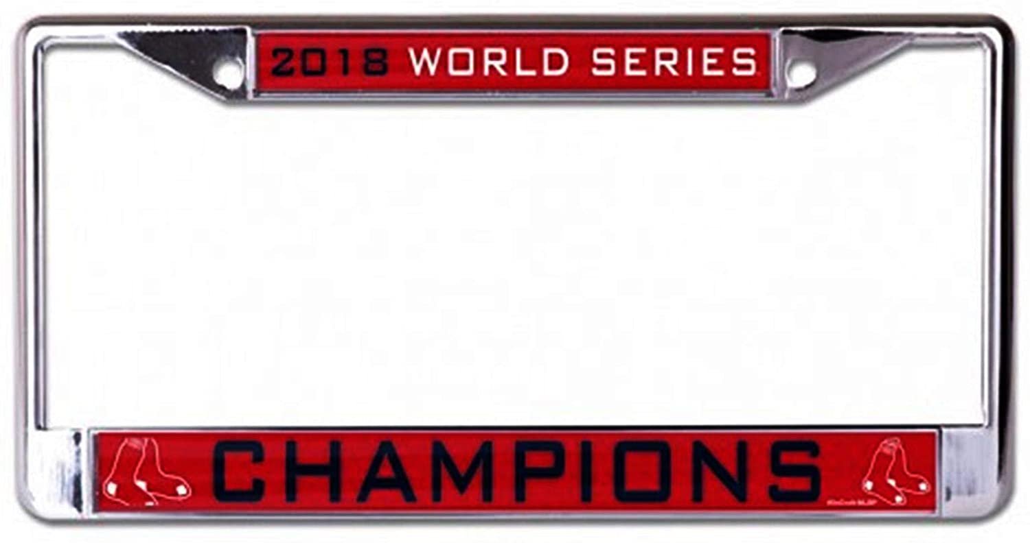 Boston Red Sox Metal License Plate Frame Chrome Tag Cover, Laser Acrylic Mirrored Inserts, 2018 Champions, 12x6 Inch
