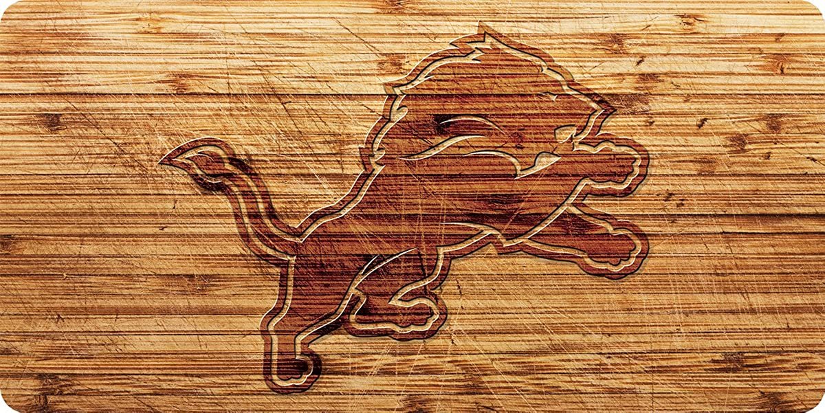 Detroit Lions Premium Laser Cut Tag License Plate, Woodgrain Design, Mirrored Acrylic Inlaid, 6x12 Inch