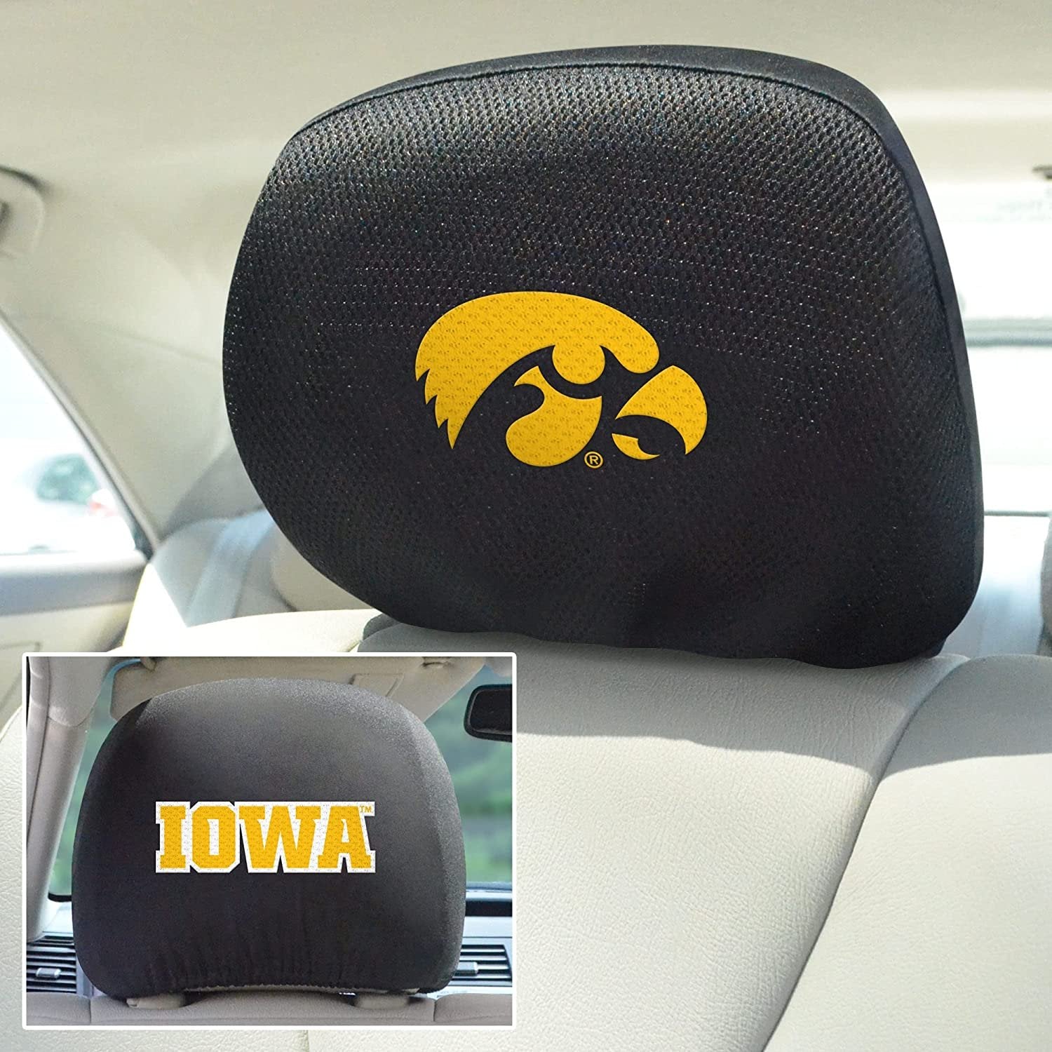 University of Iowa Hawkeyes Premium Pair of Auto Head Rest Covers, Black, Elastic, 10x14 Inch
