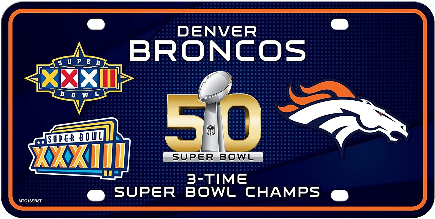 Denver Broncos Metal Auto Tag License Plate, 3-Time Super Bowl Champions, 6x12 Inch