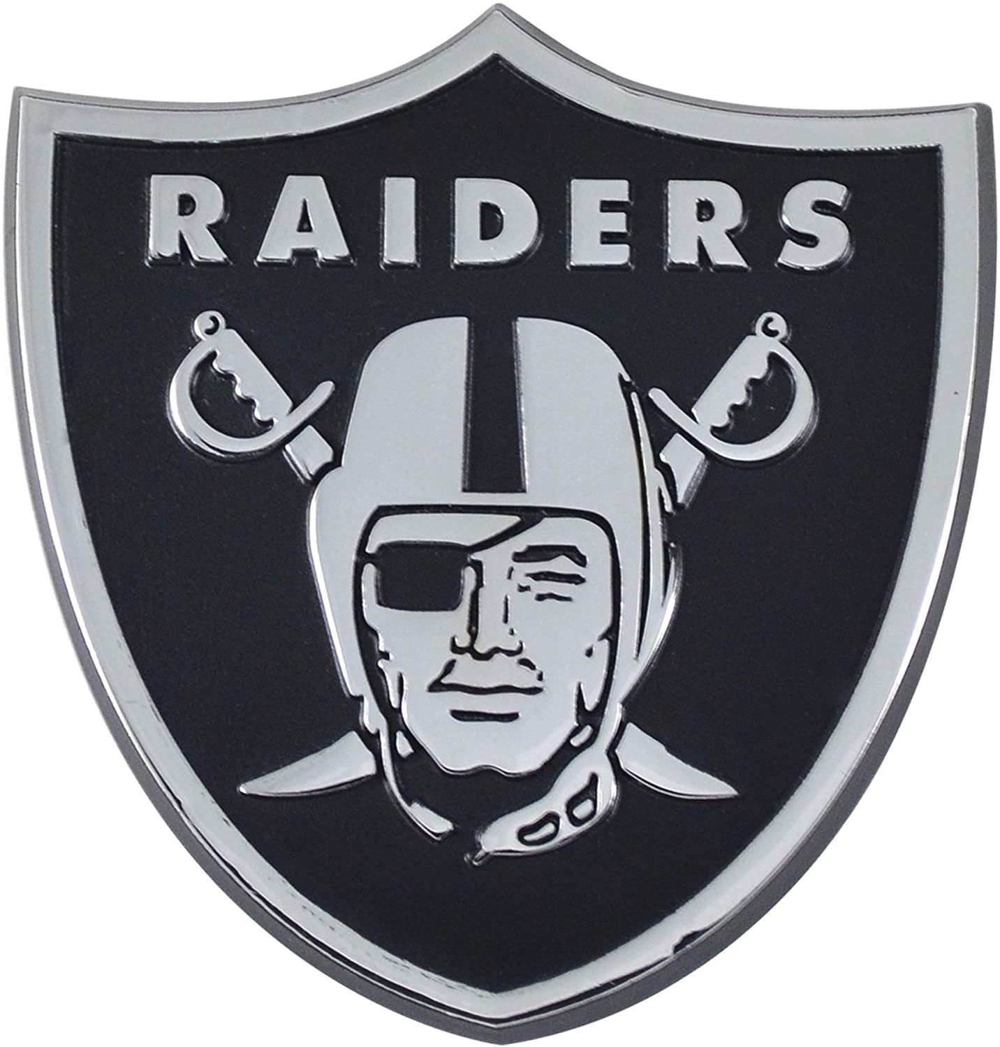 Las Vegas Raiders Premium Solid Metal Raised Auto Emblem, Team Color, Shape Cut, Adhesive Backing