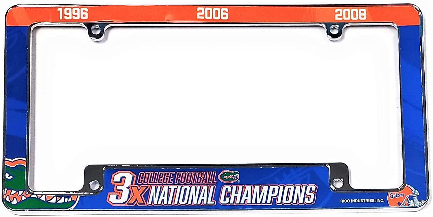 University of Florida Gators 3X Time Champions Metal License Plate Frame Chrome Tag Cover, All Over Design, 6x12 Inch