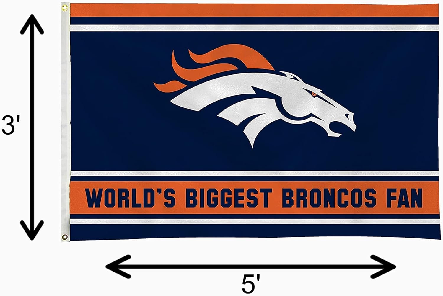 Denver Broncos 3x5 Feet Flag Banner, World's Biggest Fan, Metal Grommets, Single Sided, Indoor or Outdoor Use