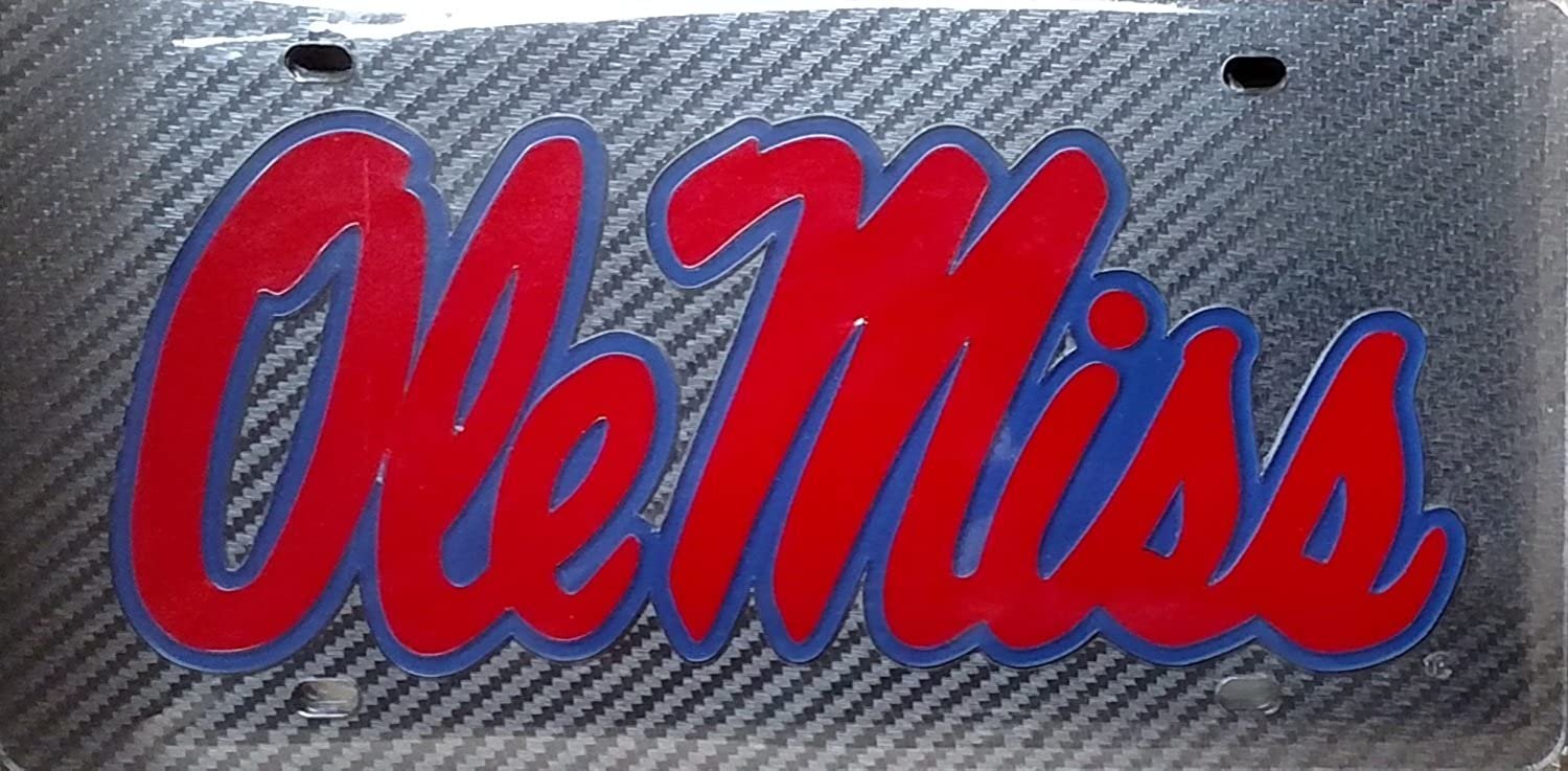 University of Mississippi Rebels Ole Miss Premium Laser Cut Tag License Plate, Carbon Fiber Design, Mirrored Acrylic Inlaid, 6x12 Inch