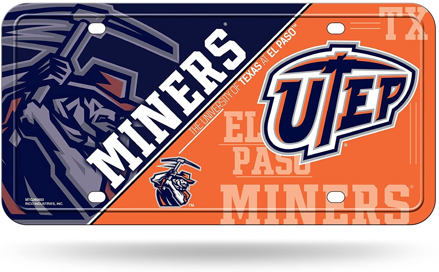 University of Texas at El Paso UTEP Miners Metal Auto Tag License Plate, Split Design, 6x12 Inch