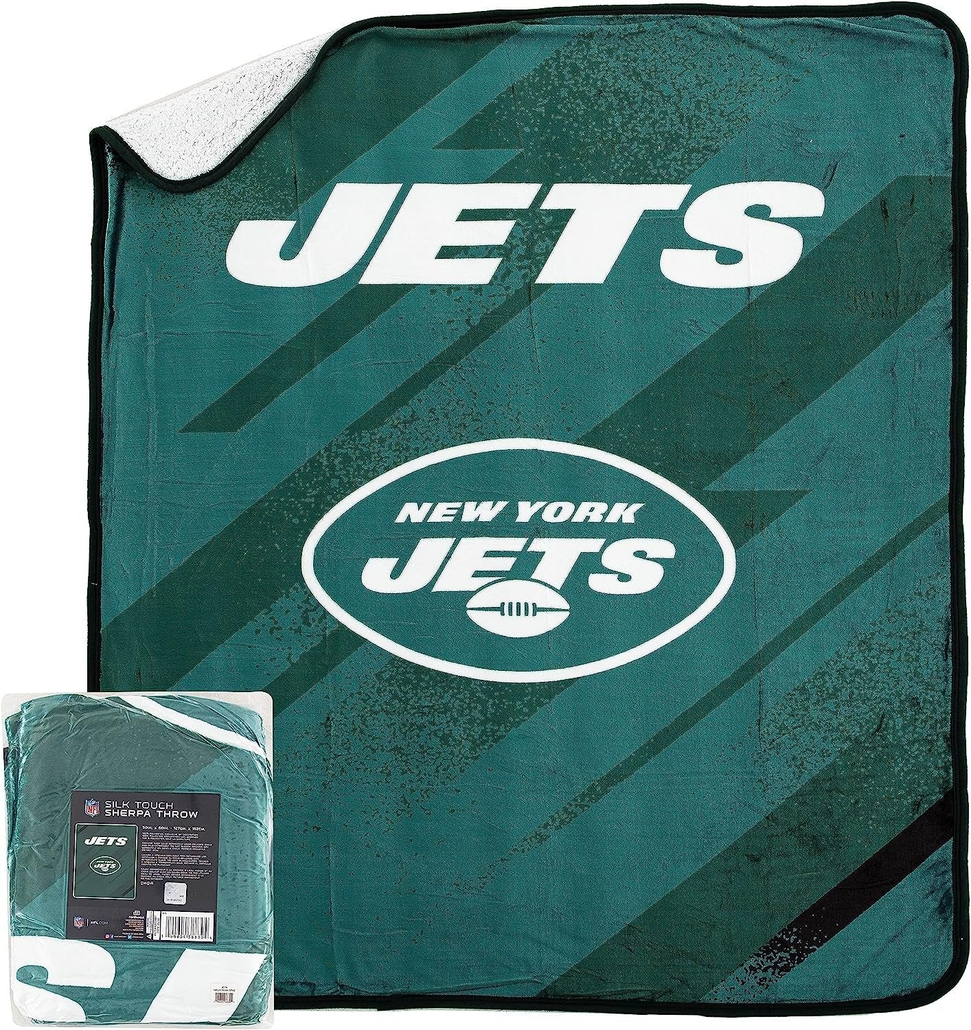 New York Jets Throw Blanket, Sherpa Raschel Polyester, Silk Touch Style, Velocity Design, 50x60 Inch