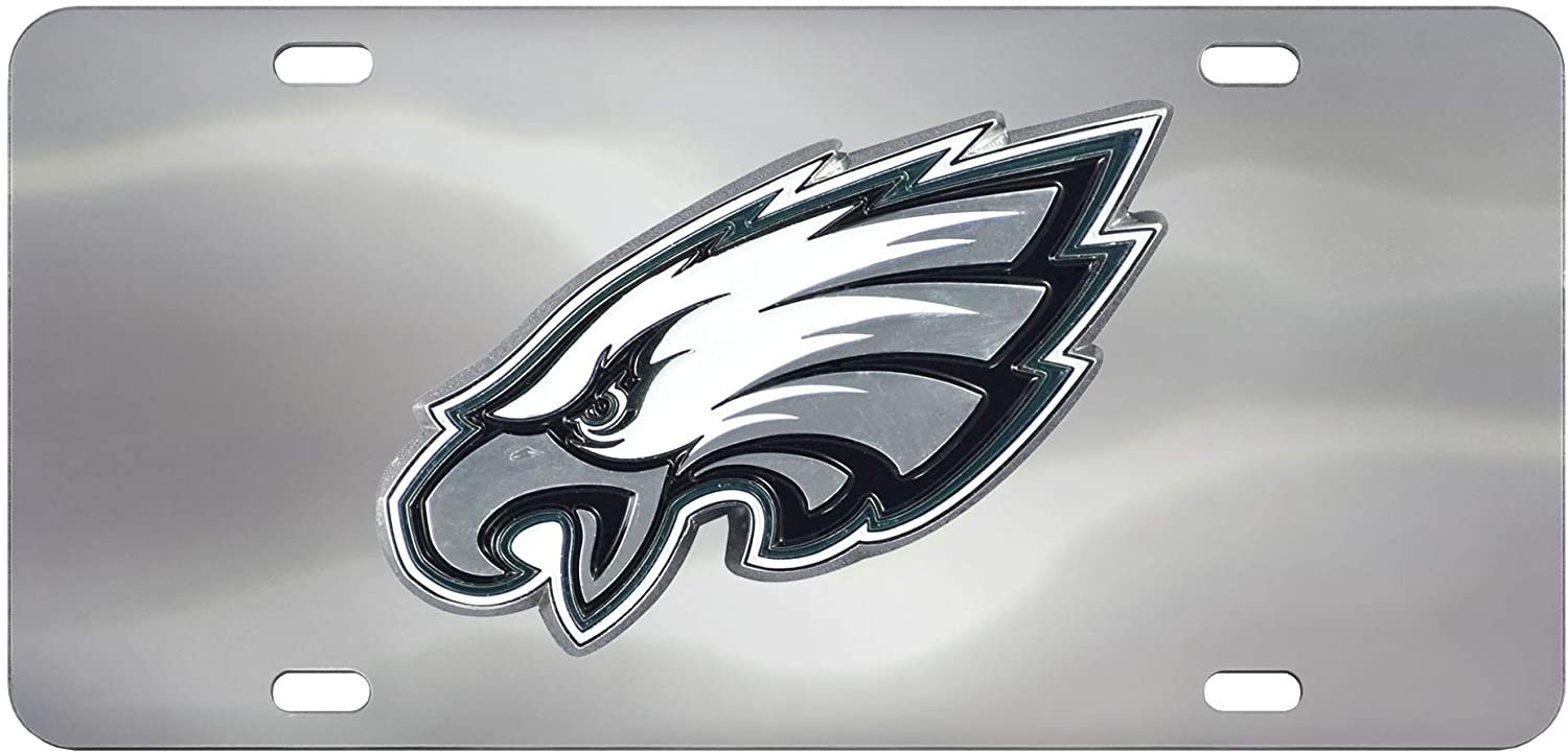 Philadelphia Eagles License Plate Tag, Premium Stainless Steel Diecast, Chrome, Raised Solid Metal Color Emblem, 6x12 Inch