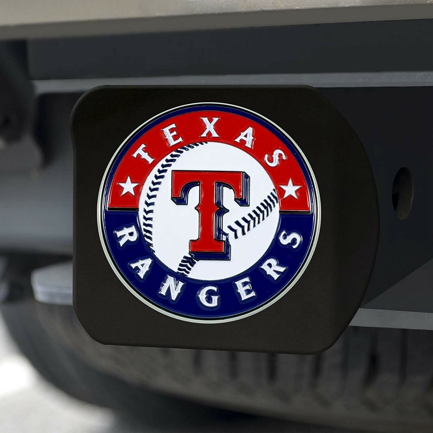 Texas Rangers Hitch Cover Black Solid Metal with Raised Color Metal Emblem 2" Square Type III