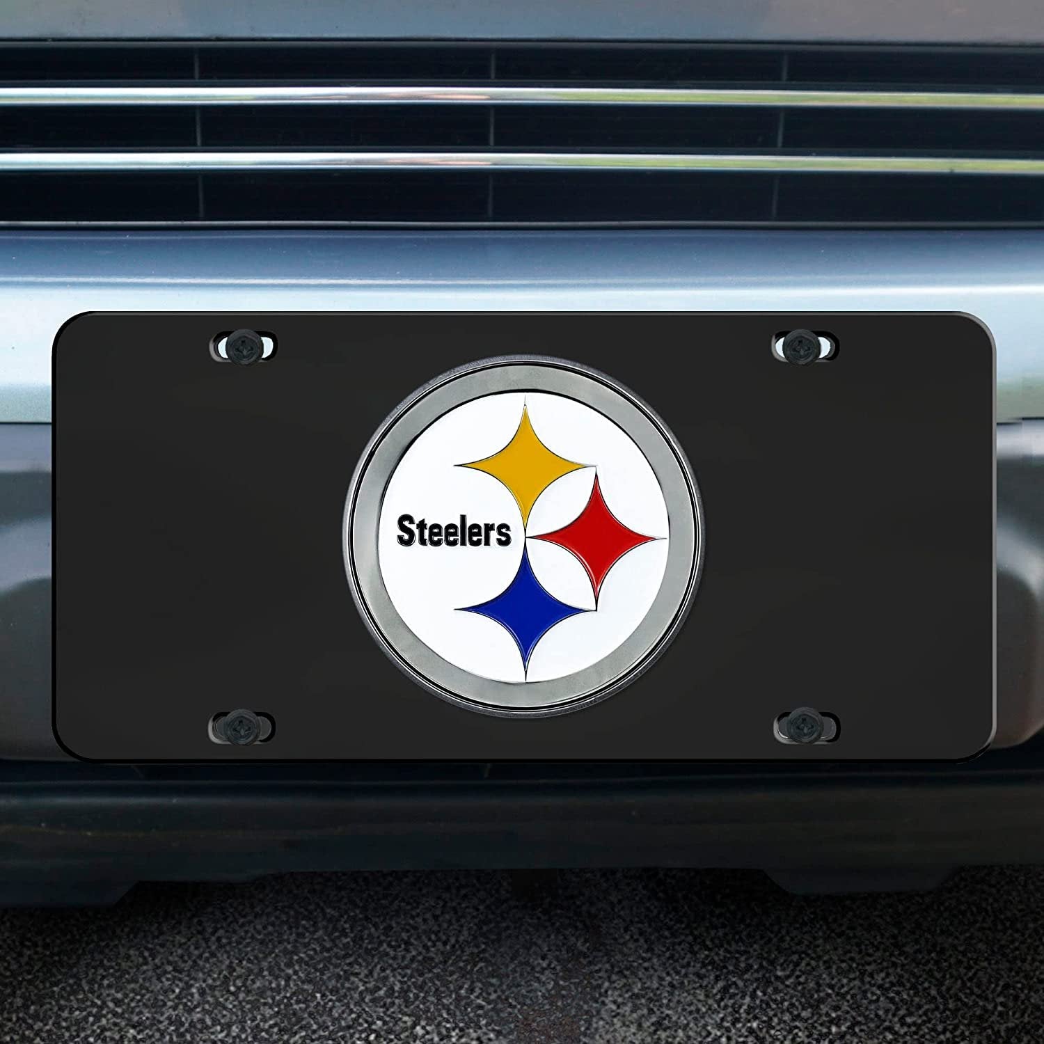Pittsburgh Steelers License Plate Tag, Premium Stainless Steel Diecast, Black, Raised Solid Metal Color Emblem, 6x12 Inch