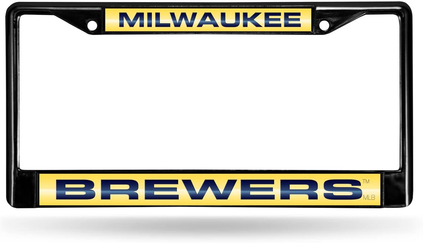 Milwaukee Brewers Black Metal License Plate Frame Tag Cover, Laser Acrylic Mirrored Inserts, 12x6 Inch