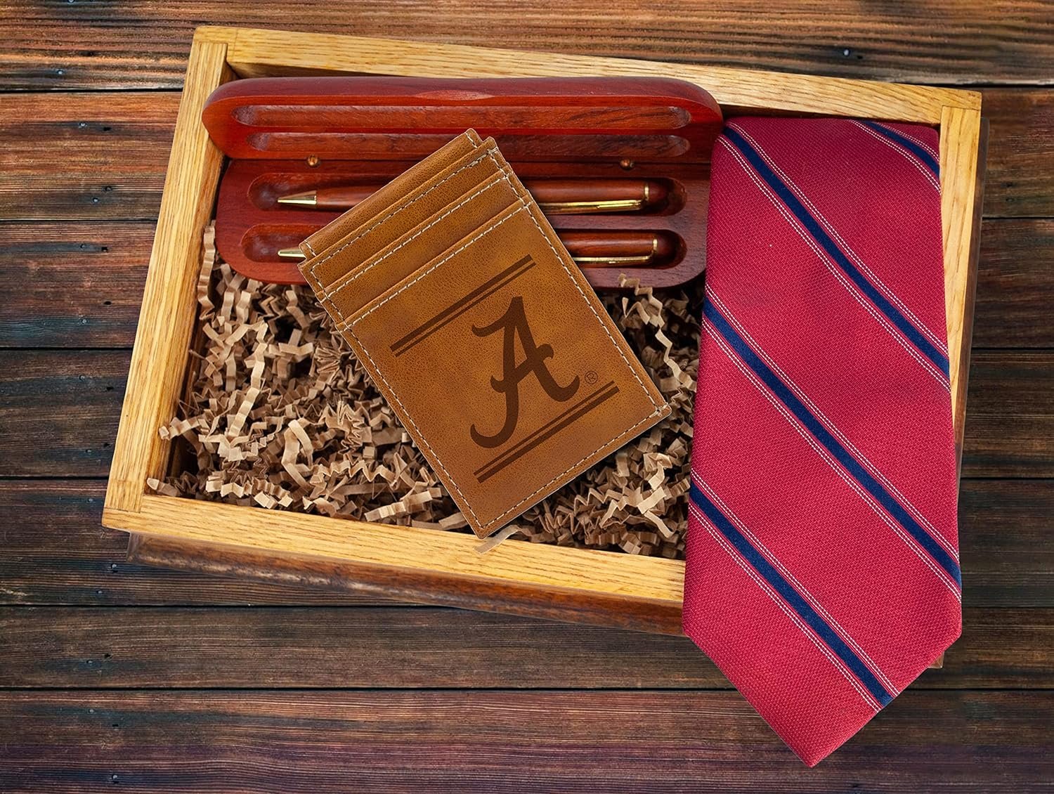 University of Alabama Crimson Tide Premium Brown Leather Wallet, Front Pocket Magnetic Money Clip, Laser Engraved, Vegan