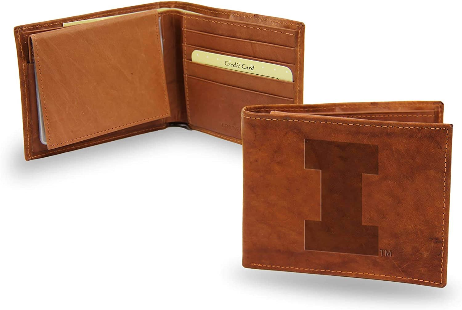 University of Illinois Fighting Illini Premium Brown Leather Wallet, Bifold Billfold, Embossed Laser Engraved