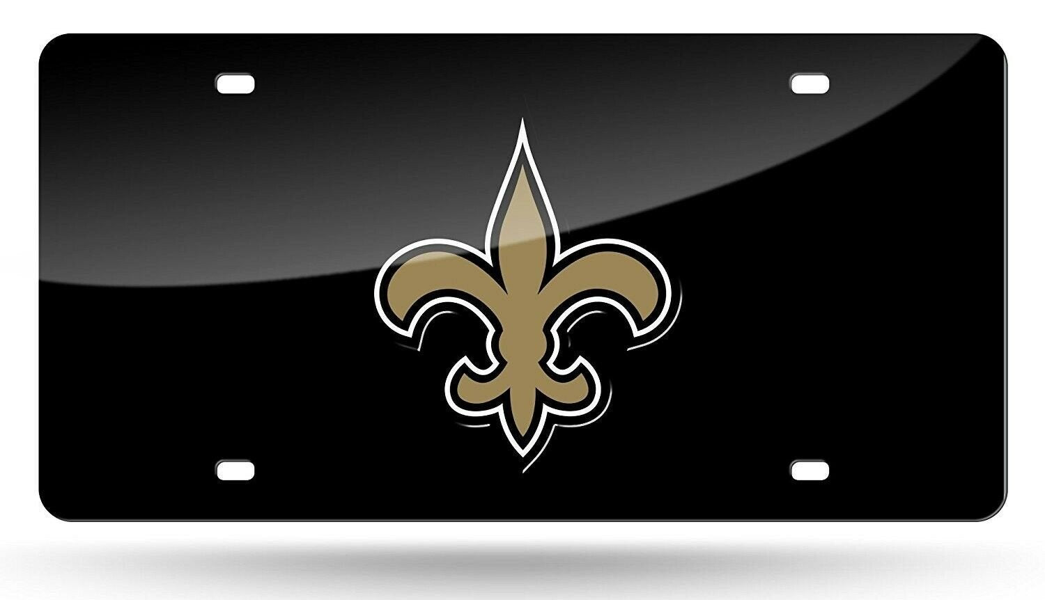 New Orleans Saints Premium Laser Cut Tag License Plate, Black Fleur De Lis, Mirrored Inlaid Acrylic, 12x6 Inch