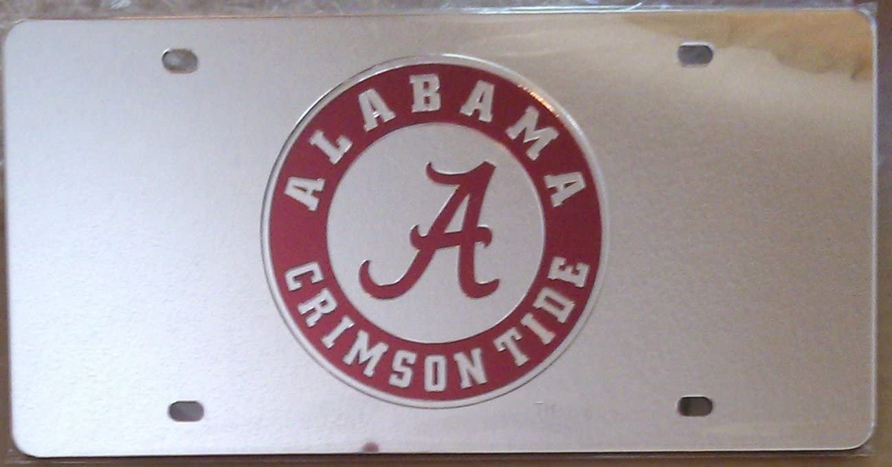 University of Alabama Crimson Tide Premium Laser Cut Tag License Plate, Round Logo, Mirrored Acrylic Inlaid, 6x12 Inch