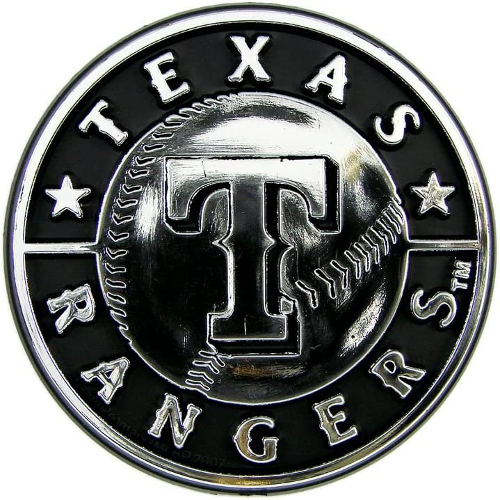 Texas Rangers Auto Emblem, Silver Chrome Color, Raised Molded Shape Cut Plastic, Adhesive Tape Backing