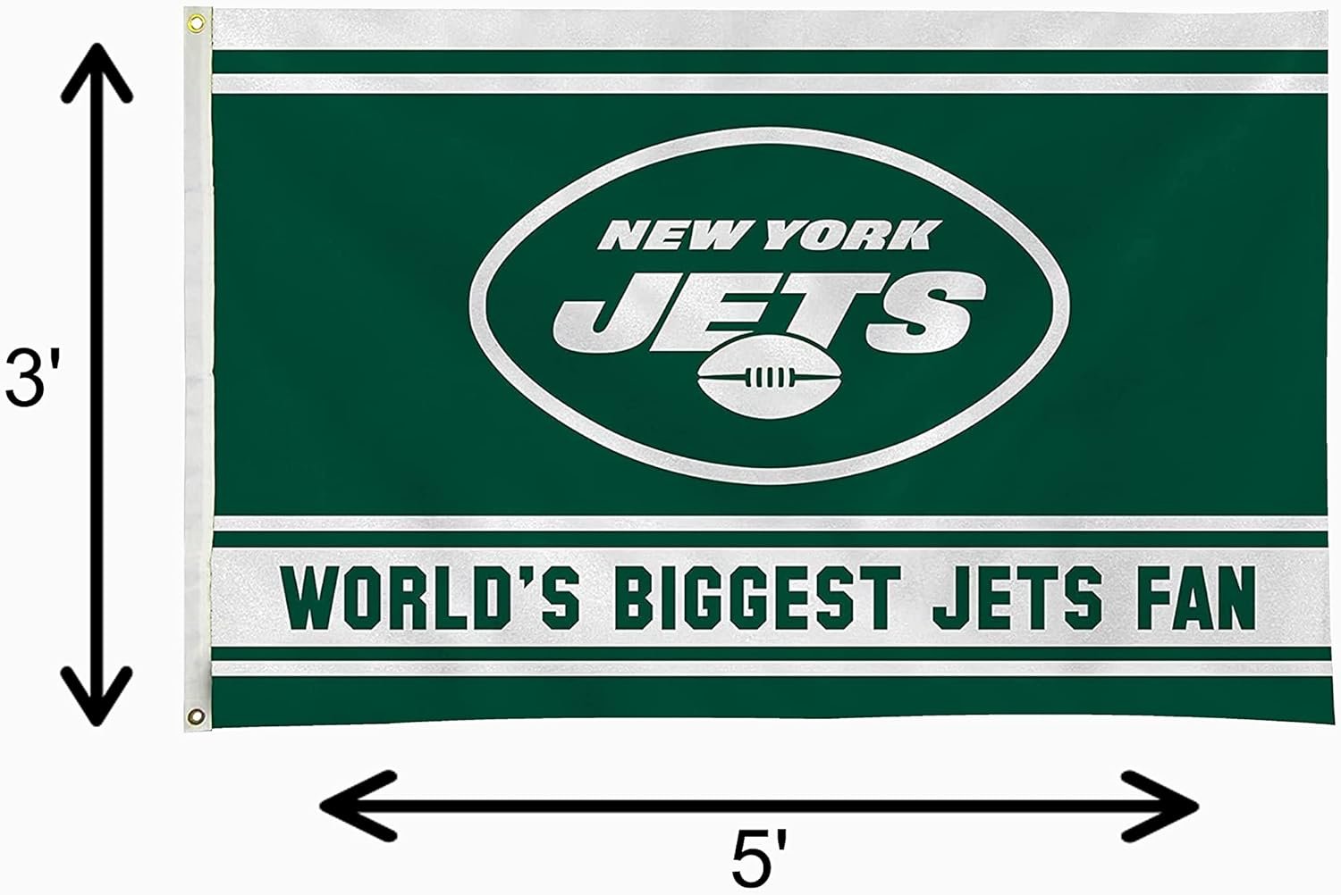 New York Jets 3x5 Feet Flag Banner, World's Biggest Fan, Metal Grommets, Single Sided, Indoor or Outdoor Use